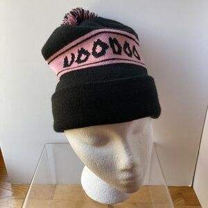VooDoo Doughnut Beanie Ski Hat Black & Pink Acrylic Knit Pom Pom One Size